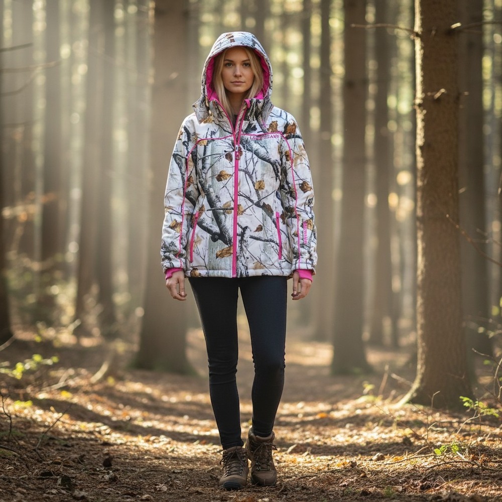 Legendary Whitetails Womens Pink Snow Camo Hooded Softshell Jacket Medium